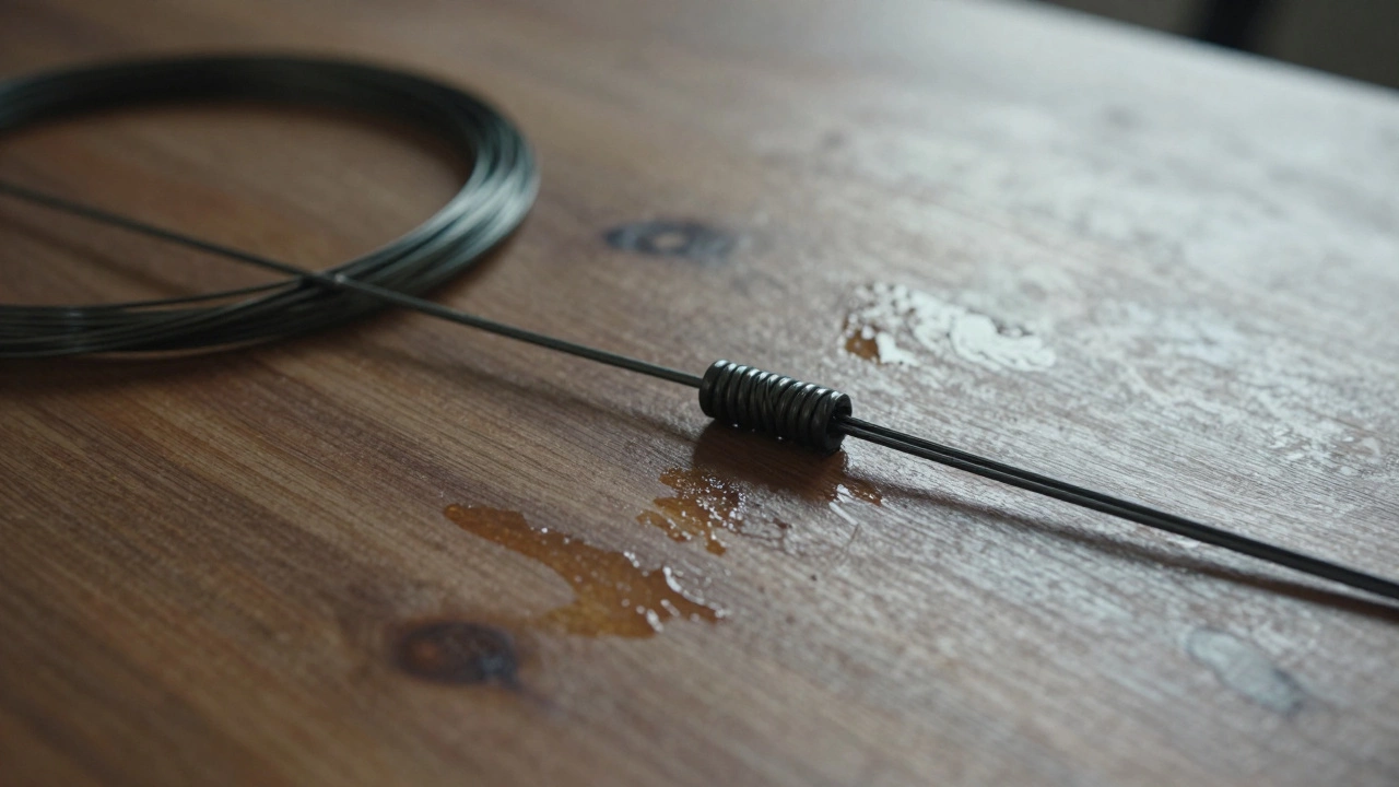 Близкий план кровавого узла между двумя монофильными лесками на деревянной поверхности.