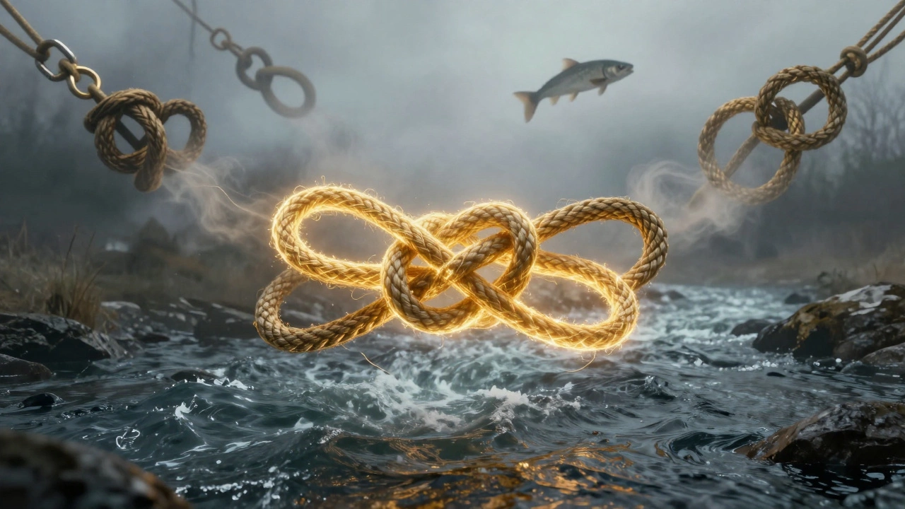 Художественное изображение узла Шлюпочный как символа надёжности над течением.