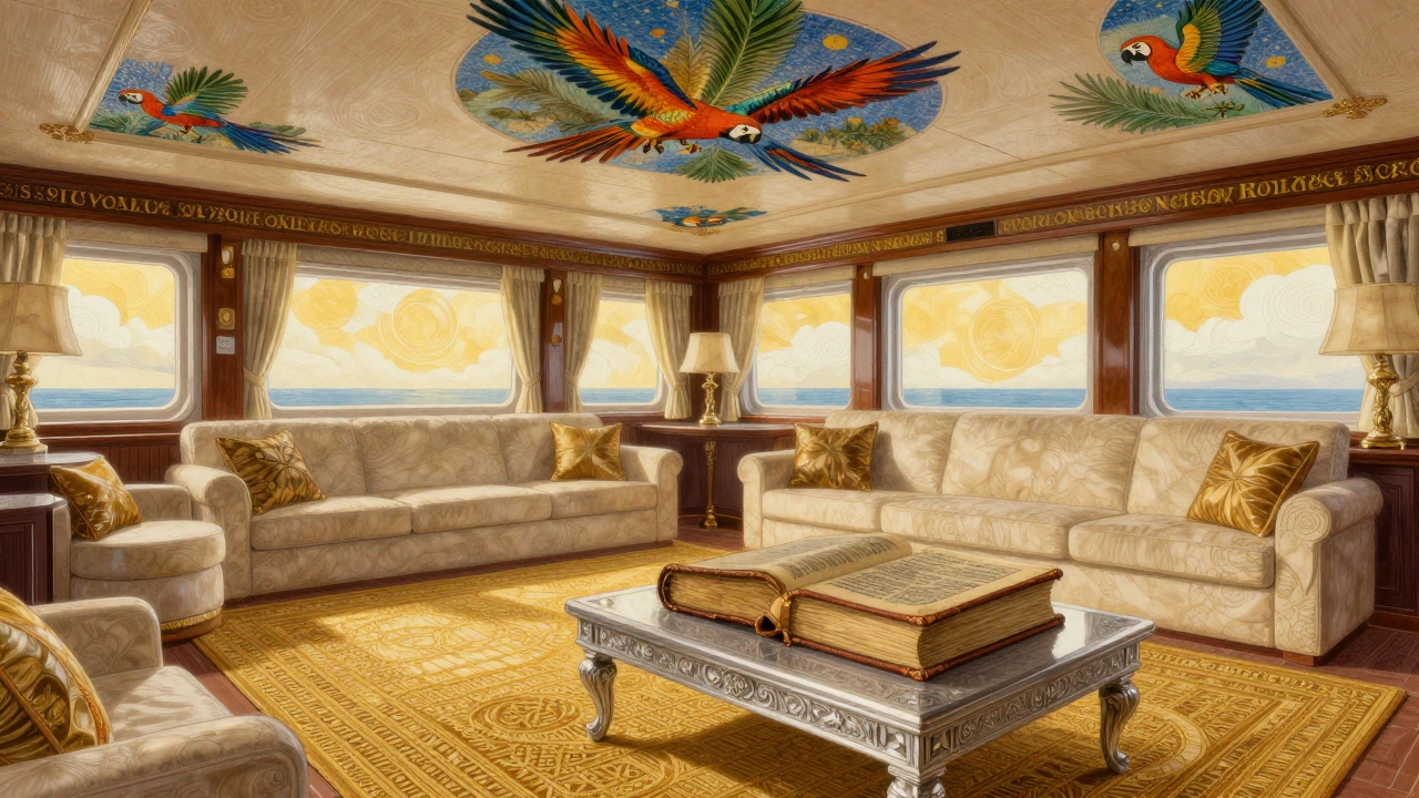 Интерьер яхты с потолком из перьев попугаев ара, стенами из слоновой кости и коврами с золотыми нитями.