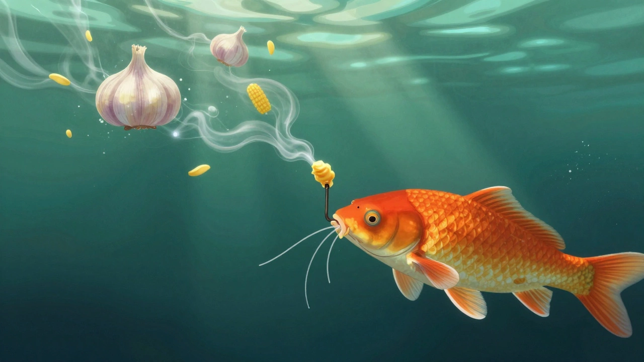 Карп плывет к крючку с чесночно-медовой наживкой, вокруг — видимые ароматические потоки в воде.