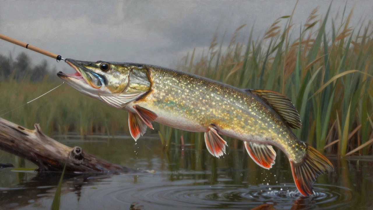 Крупная щука на крючке, вытащенная из воды на тонкой леске с деревянной удочки.