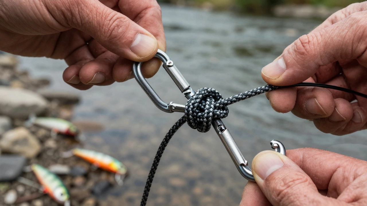 Крупный план узла Шлюпочный на плетёнке, закреплённого на карабине.