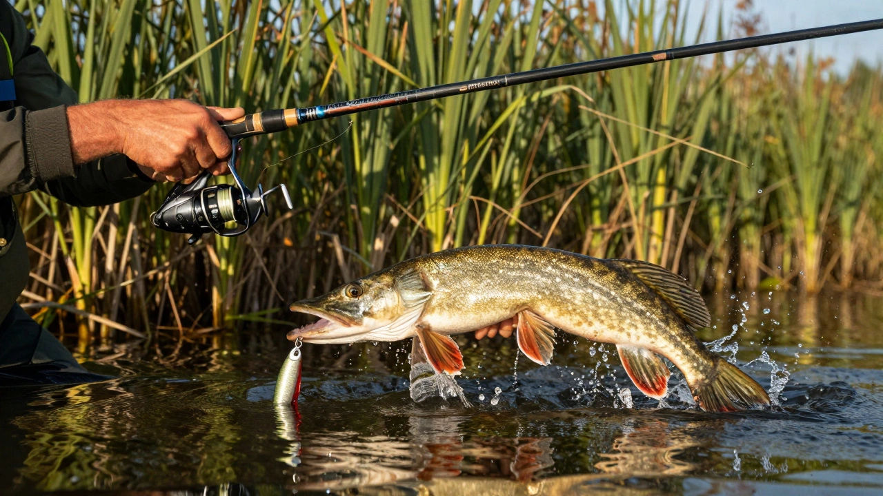 Опытный рыбак ловит щуку на спиннинг в камышах, приманка в воздухе, брызги воды и солнечные блики.