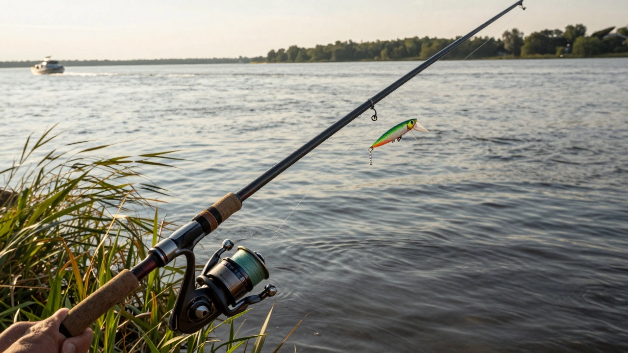 Опытный рыбак забрасывает спиннинг на реке Волга, виден шнур и приманка в воздухе.