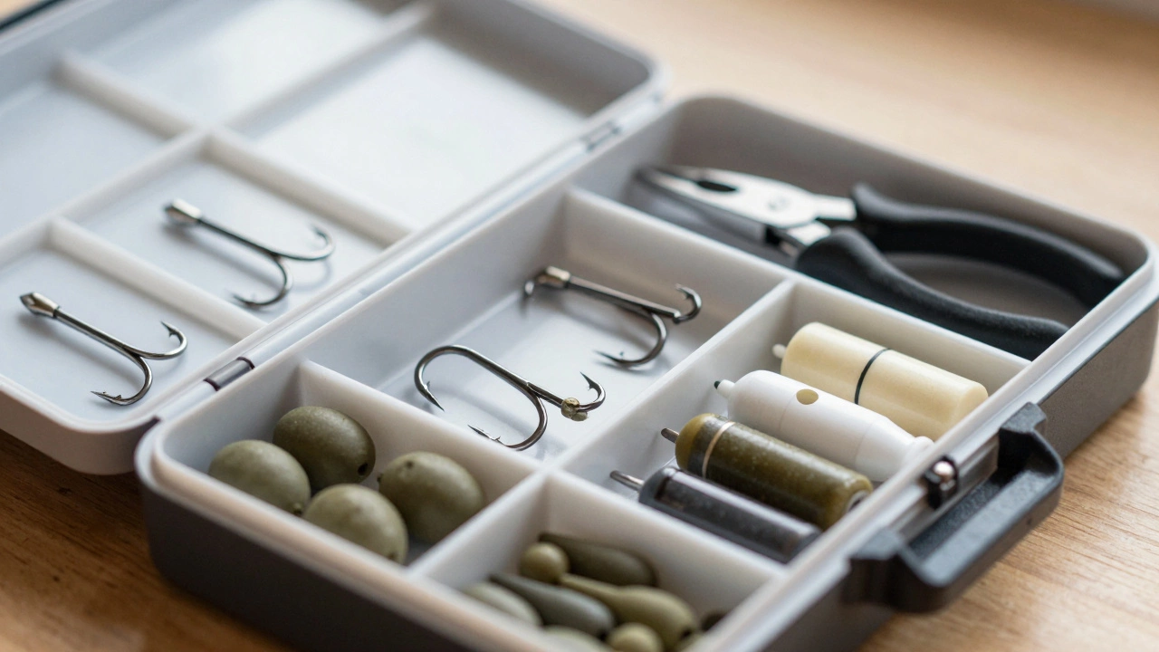 Открытая рыболовная коробка с крючками, грузилами, лесками и инструментами на деревянном столе.