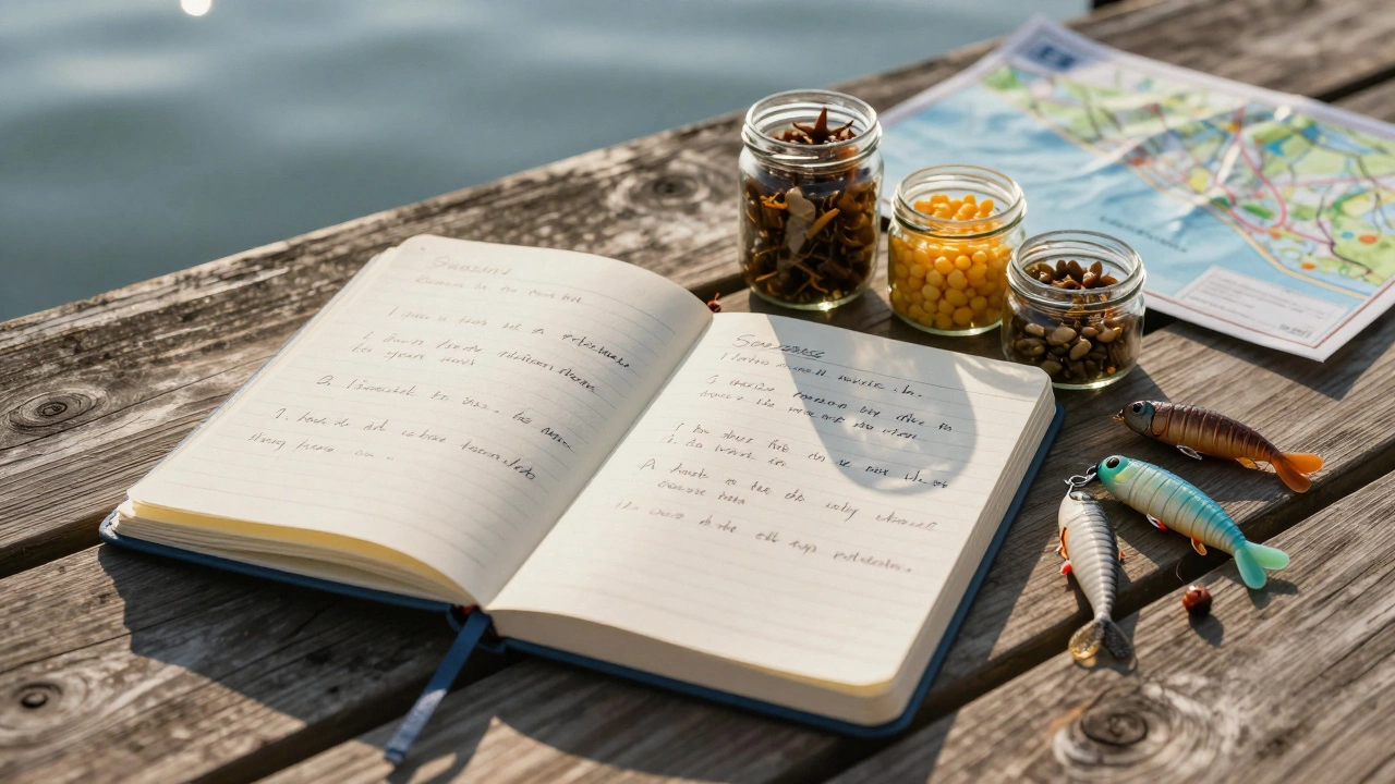 Открытый блокнот рыбака с записями о наживках и рядом — баночки с наживками и силиконовыми имитациями.
