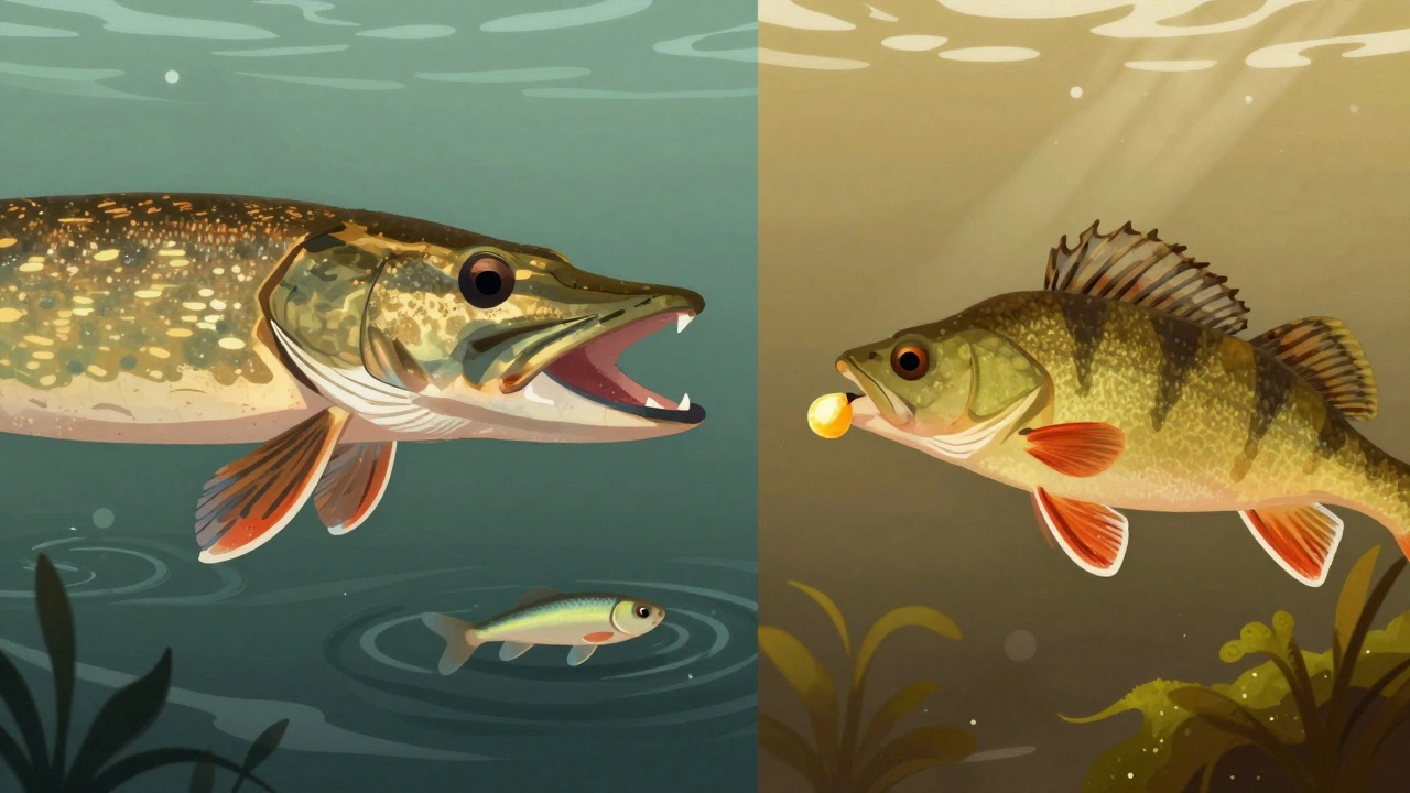 Разделённая сцена: щука атакует живца слева, карась клюёт кукурузу справа.