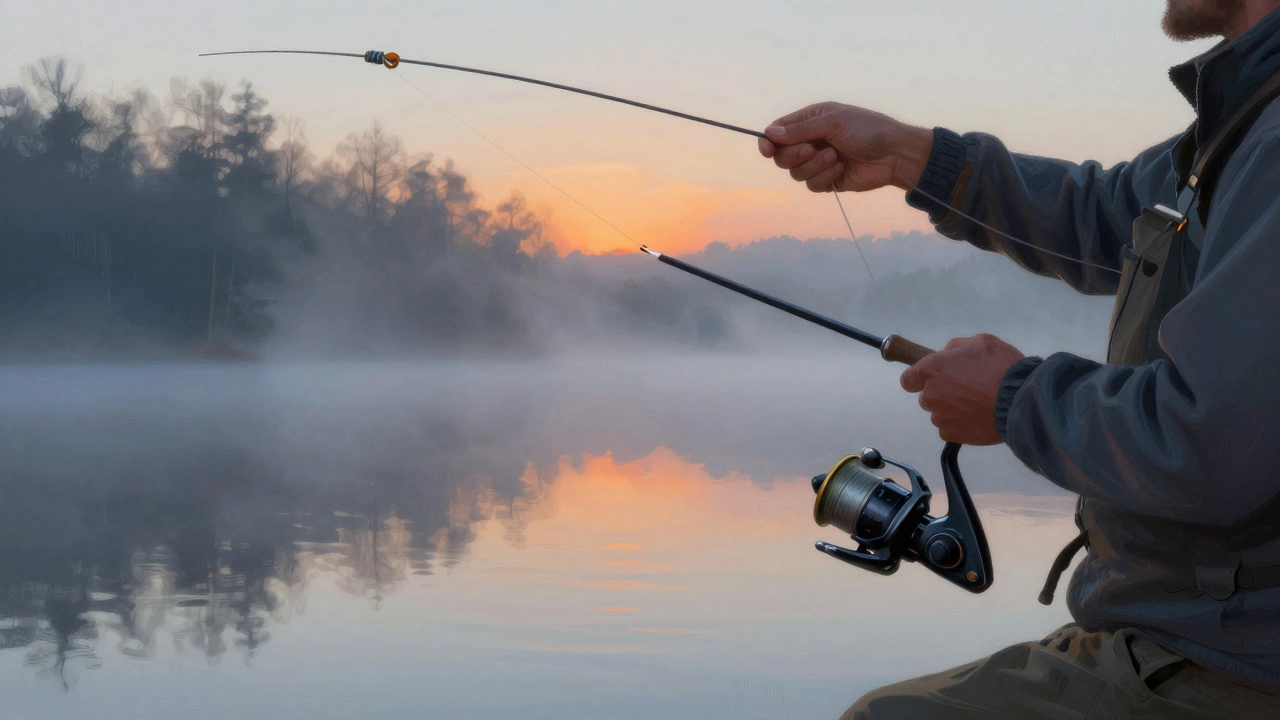 Рыбак проверяет узел Паломар на плетеной леске на рассвете.