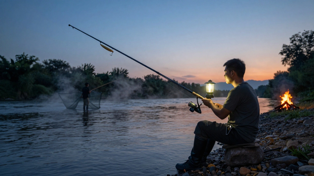 Рыбак с донкой у реки на закате, грузило и кукуруза на крючке, свет фонаря и пар над водой.