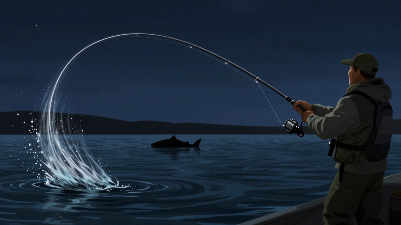 Рыбак забрасывает удочку с узлом Гриннер, рыба всплескивает вдалеке при лунном свете.