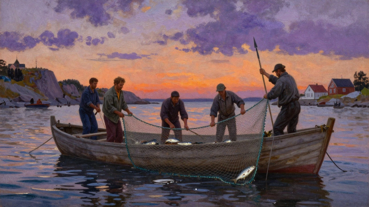 Рыбаки вытаскивают сеть с рыбой из лодки на закате в прибрежной деревне.