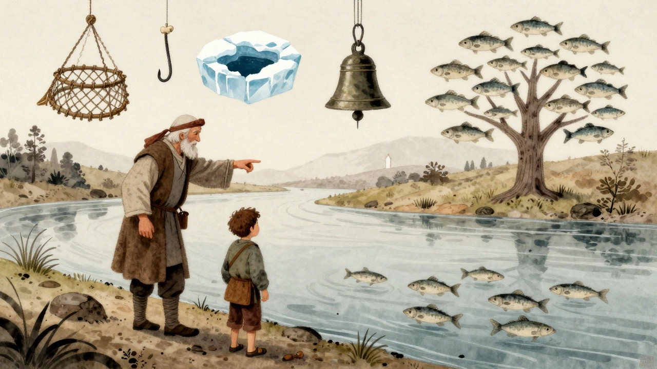 Старик показывает мальчику на реку, вокруг — символы традиционного рыболовства.