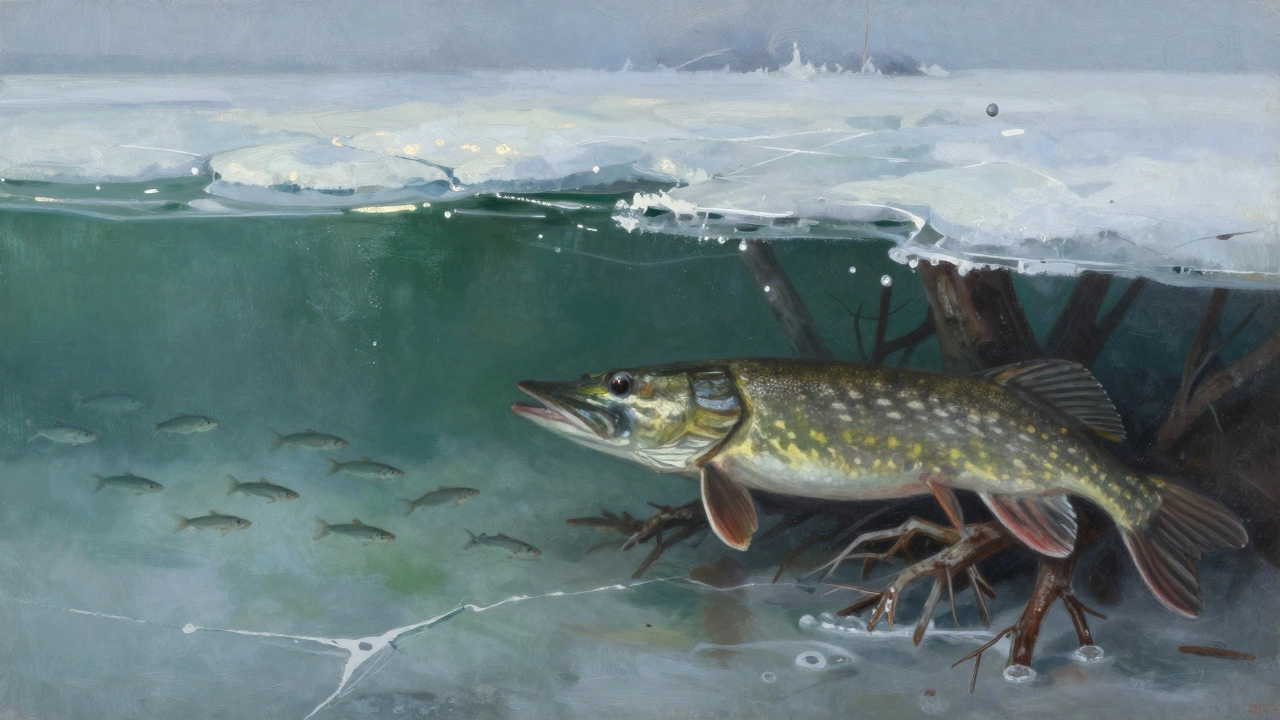 Щука затаилась у подводных коряг под льдом, наблюдая за мелкой рыбой у поверхности воды в зимний день.