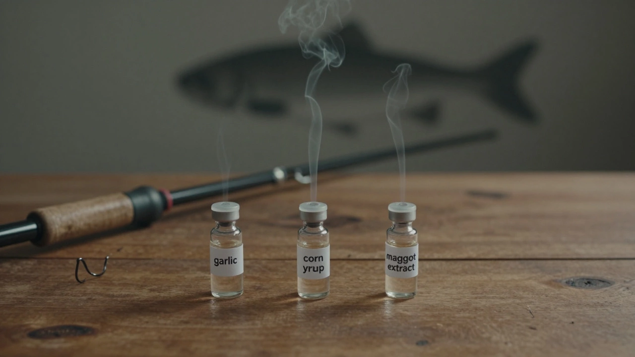Три ароматизатора для рыбалки — чеснок, кукурузный сироп и экстракт мотыля — с ароматическими следами, ведущими к рыбе.