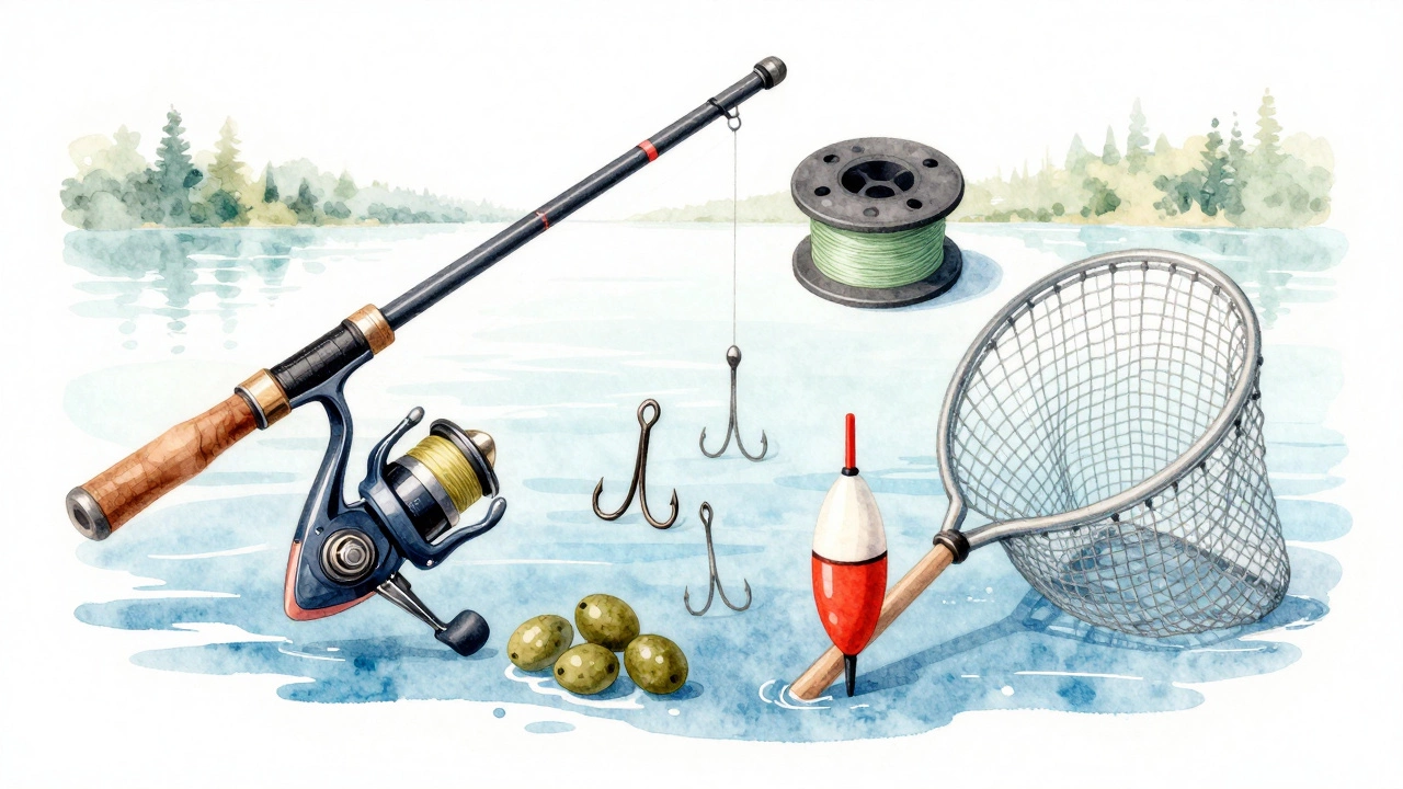 Акварельная композиция рыболовных снастей в круге