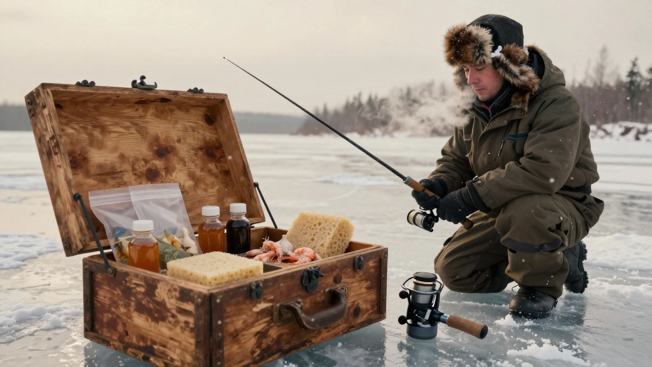 Ящик с натуральными ароматами и поролоном на снежном льду зимой.