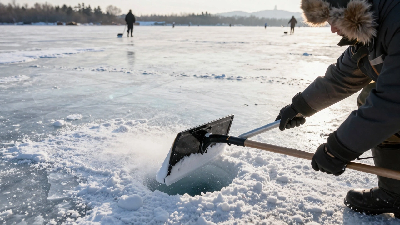 Человек очищает снег с лунки на льду толщиной 12 см при тусклом зимнем свете.