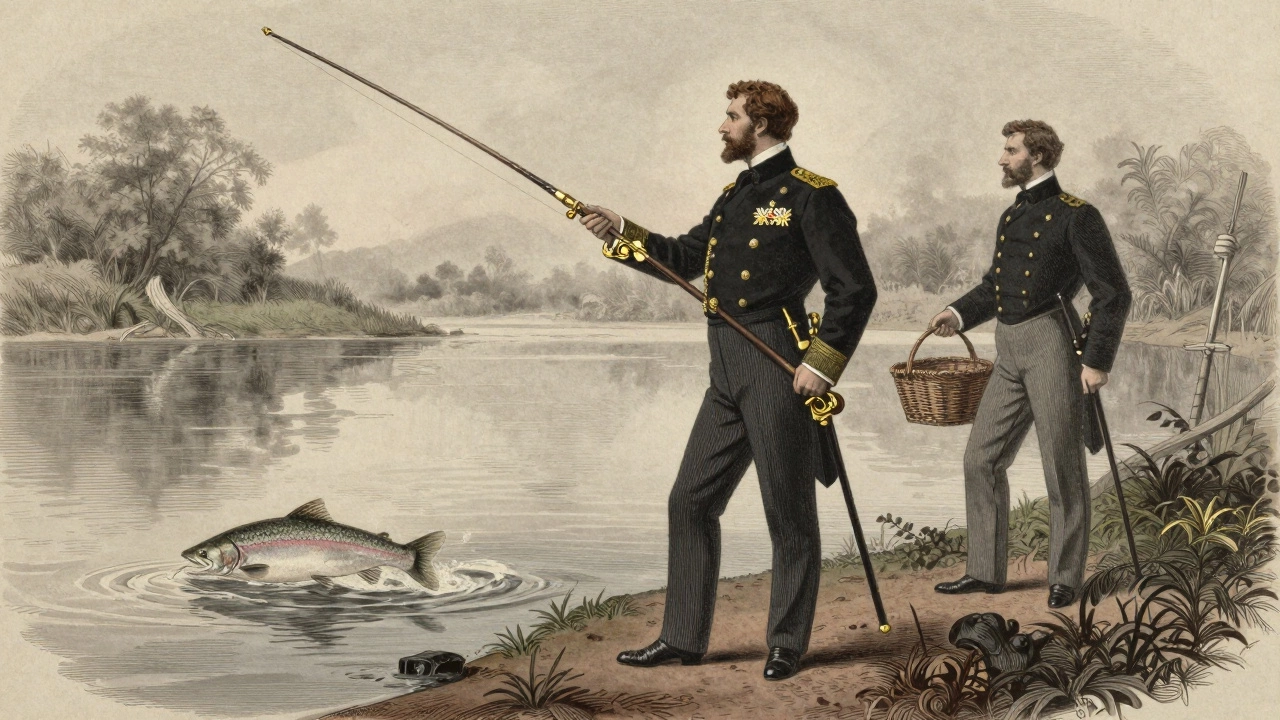 Король Георг V ловит лосося на реке Тей с роскошной удочкой, окружённый туманом и природой.