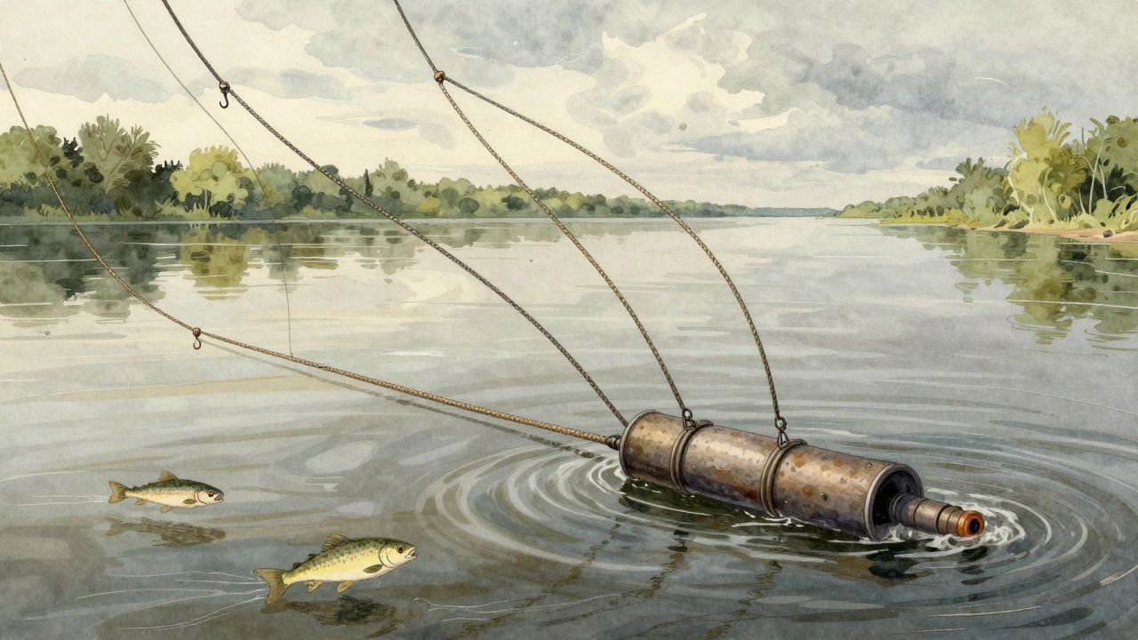 Петлевая снасть с пятью крючками в действии на течении Волги.