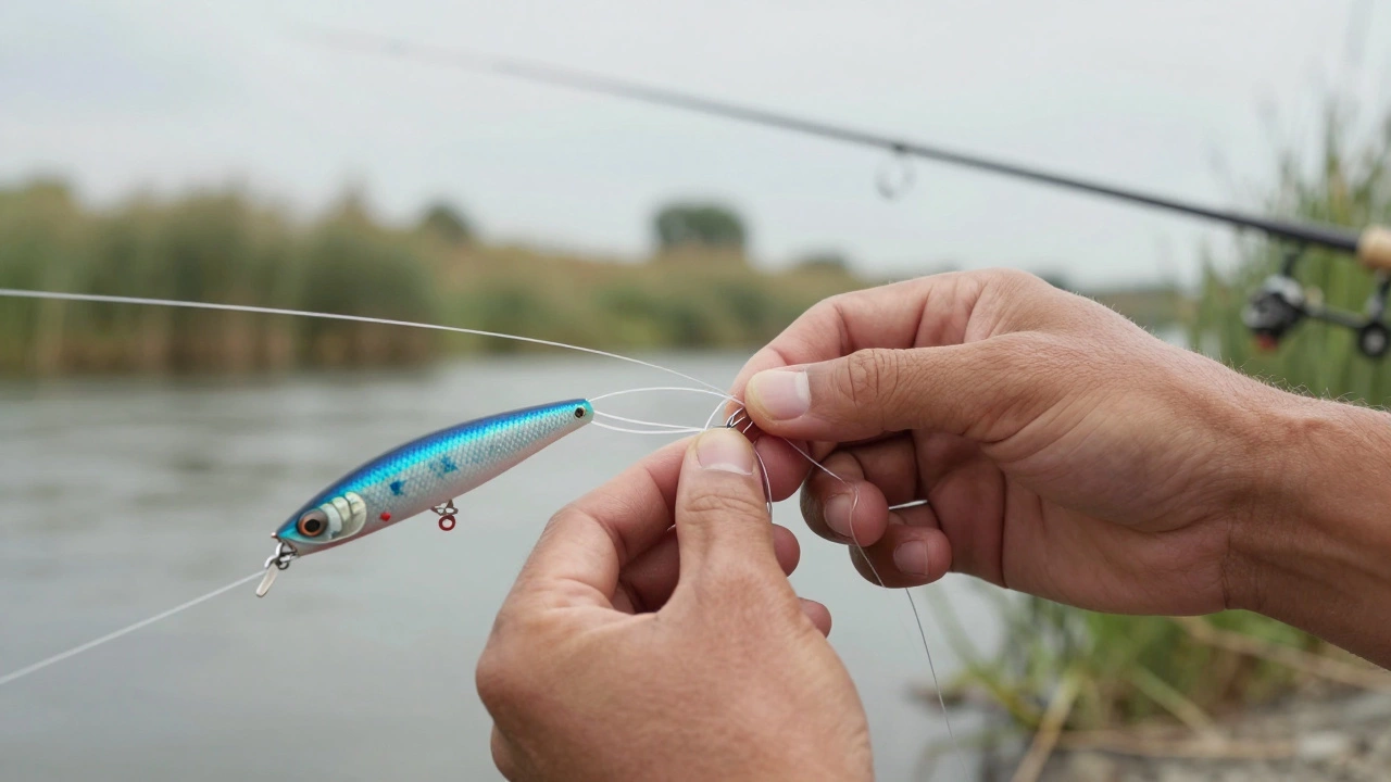 Рука рыбака завязывает выблёночный узел на блесне, видны два оборота лески.