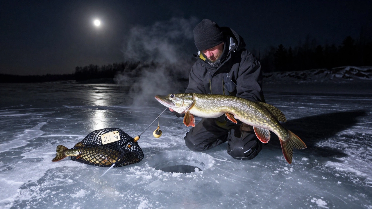 Рыбак измеряет пойманную зимой щуку на льду Камы, за его спиной — ещё одна рыба в сетке.