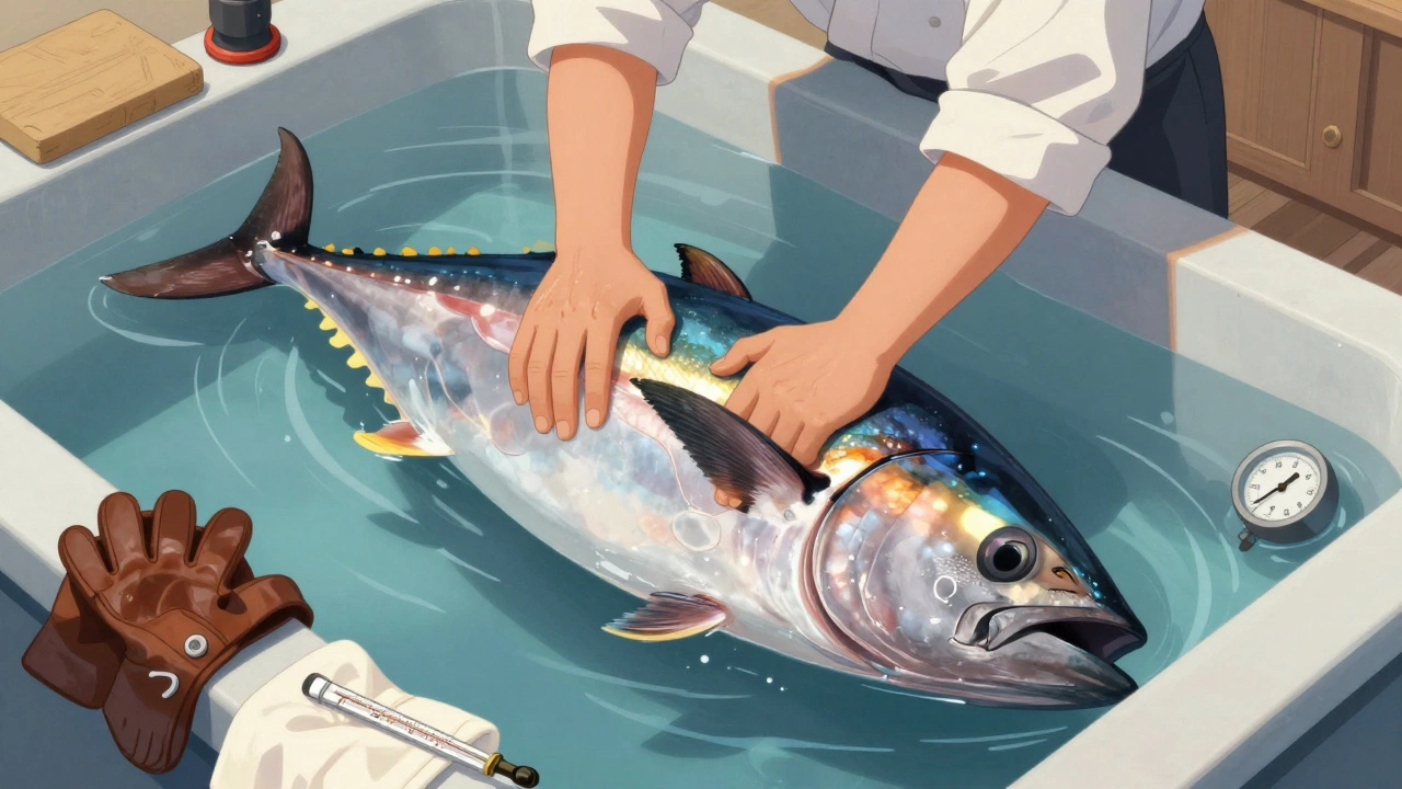 Рыбак массирует тушу синего тунца в охлаждённой морской воде, соблюдая древний японский метод обработки.