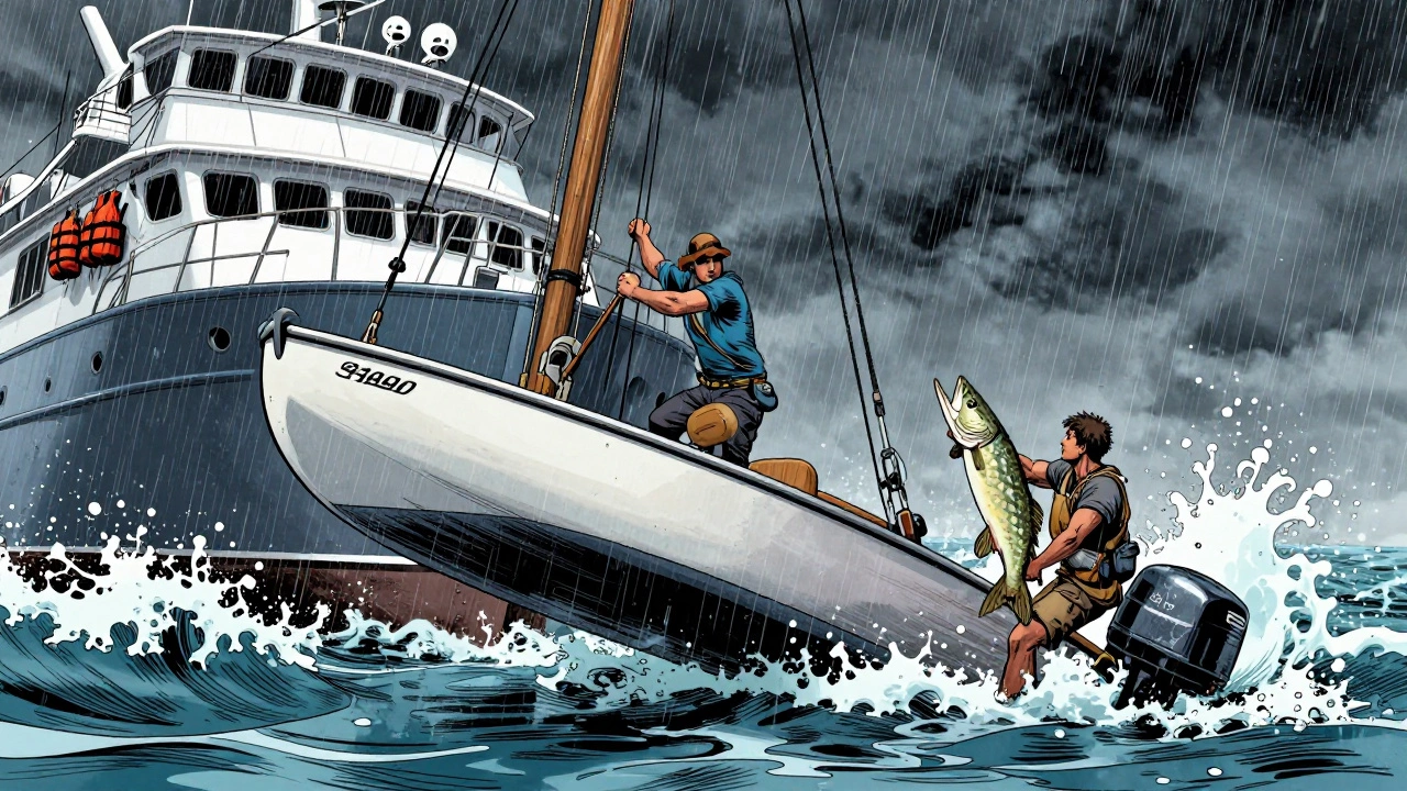 Шлюпка спускается с яхты во время шторма, рыбак держит крупную щуку, волны бьют по лодке.