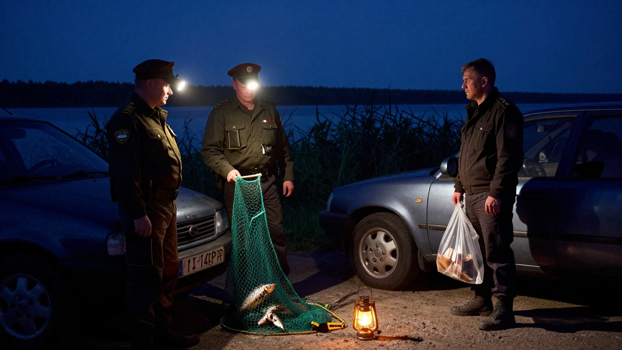 Сотрудники Росрыболовства проверяют запрещённую сеть ночью на берегу реки.
