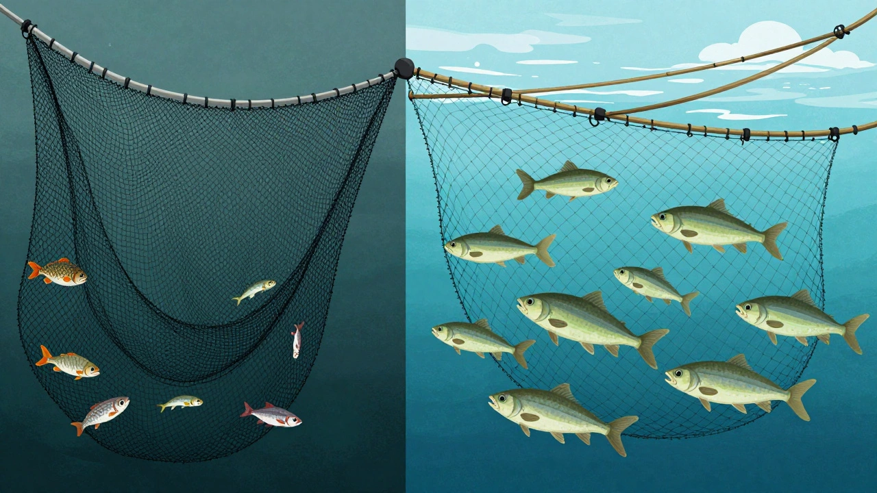 Сравнение двух сетей: одна ловит мальков, другая пропускает их — символ сохранения рыбы.