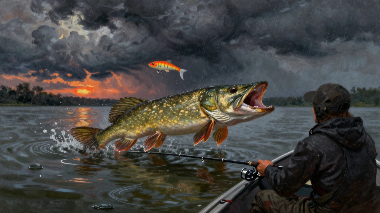 Щука атакует яркую приманку на поверхности воды перед дождем, всплески воды и тучи на фоне.
