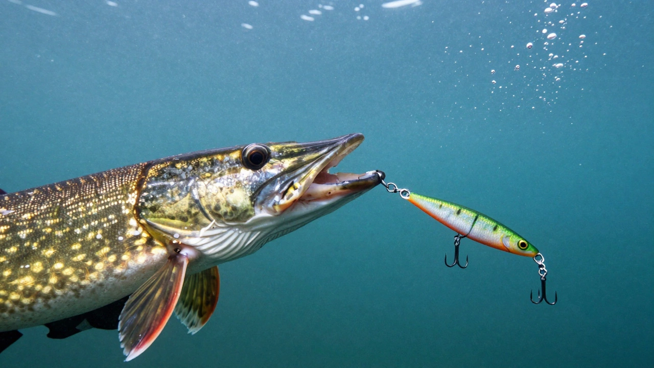 Щука атакует блесну, закреплённую надёжным выблёночным узлом, сохраняющим игру приманки.