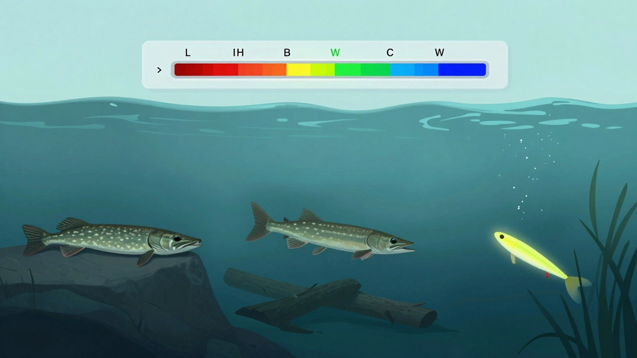Три зоны озера показывают поведение щуки при высоком, стабильном и низком атмосферном давлении.