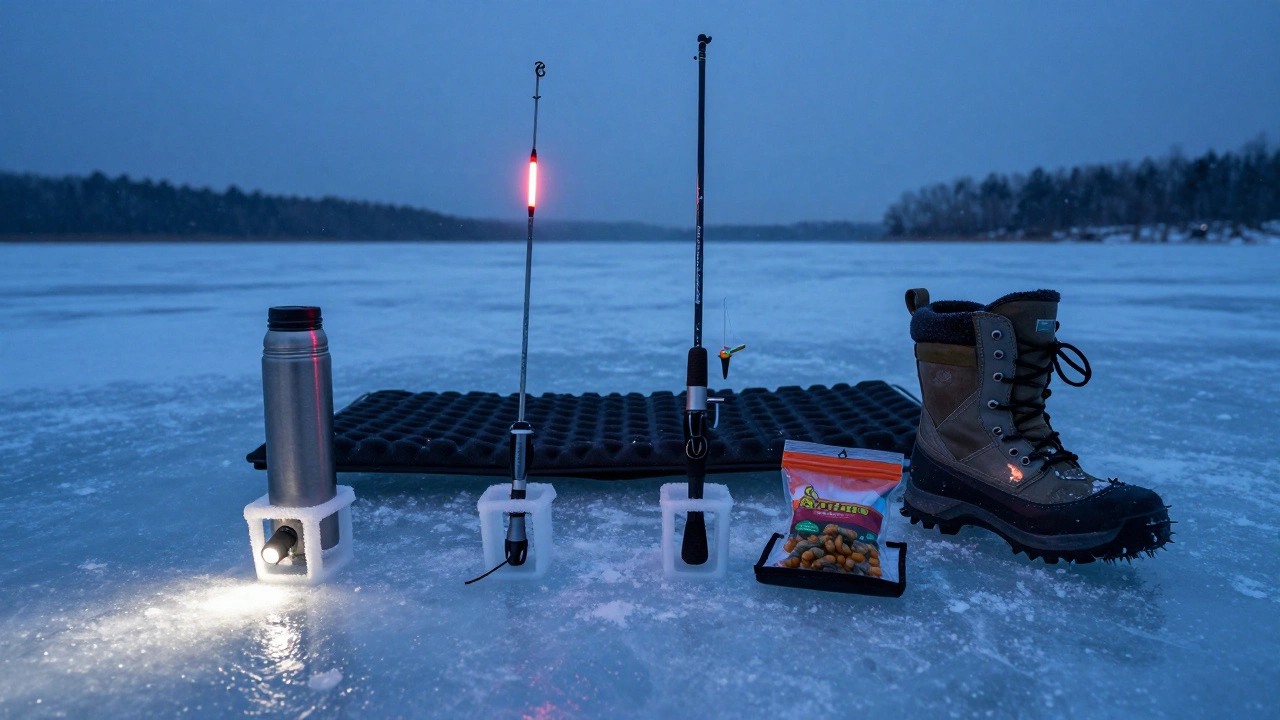Установка для зимней рыбалки: поплавочная удочка, мормышка, термос и сидушка на льду при сумерках.