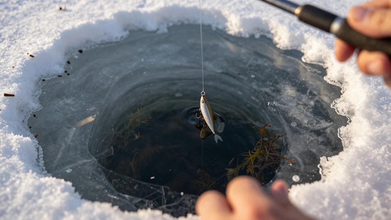 Ближний план снасти для зимней рыбалки с мормышкой сквозь прозрачный лёд