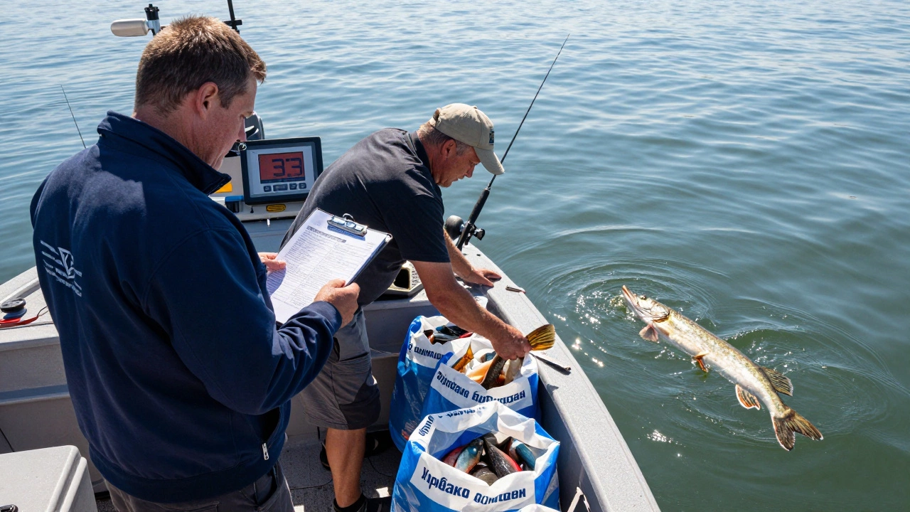 Инспектор на лодке проверяет записи рыбаков, один из которых отпускает щуку обратно в воду.