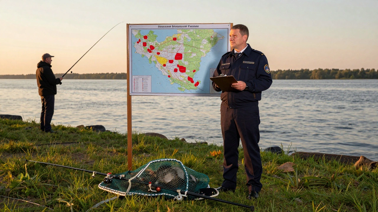 Инспектор рыболовной охраны с конфискованными снастями на берегу Волги, рядом — карта запретных зон.
