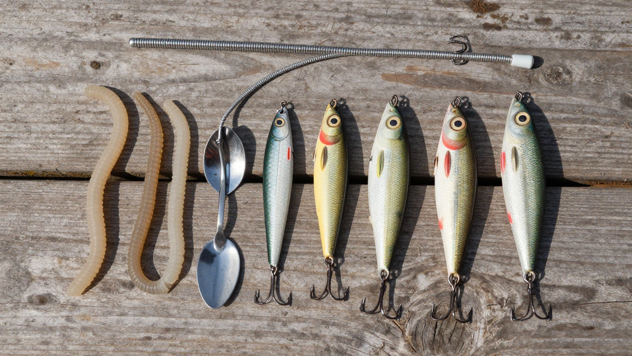 Набор рыболовных приманок и стальной поводок на столе