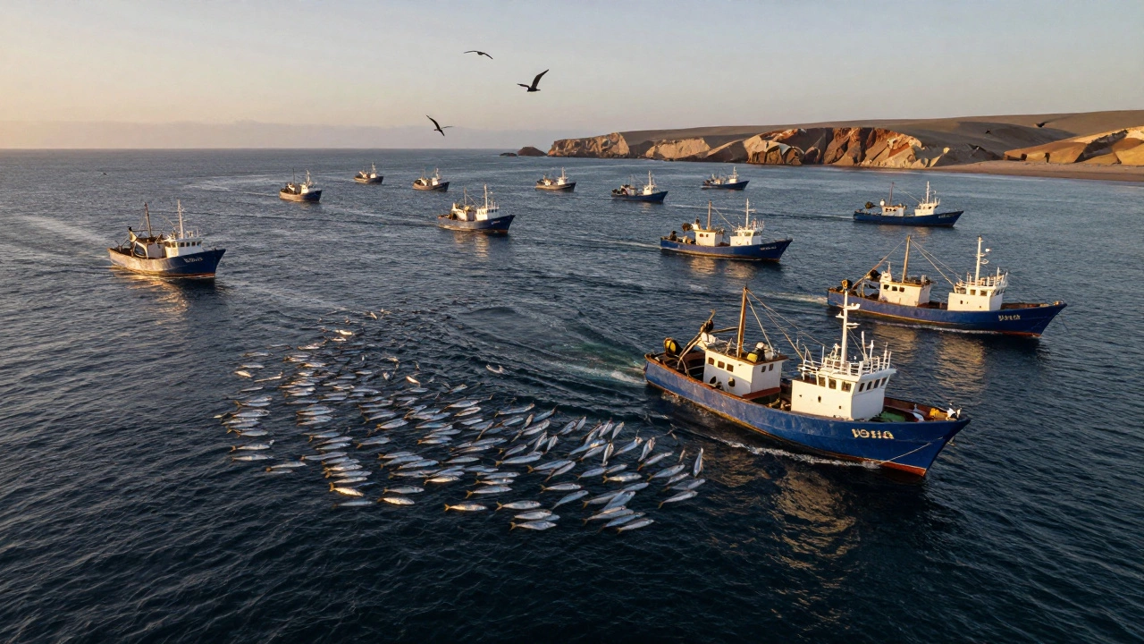 Перуанский рыболовный флот ловит анчоусы в холодных водах Тихого океана на рассвете.
