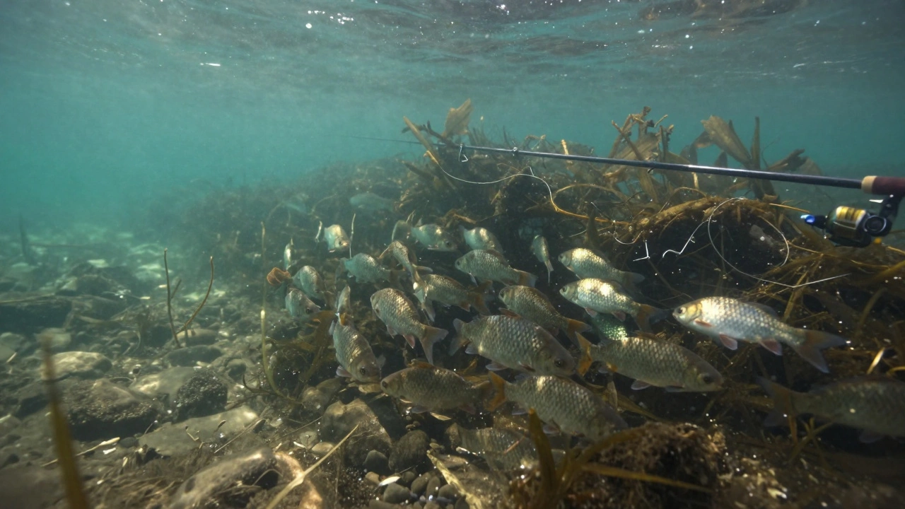 Подводная сцена нереста леща и сазана среди водорослей и камней в весенний период.