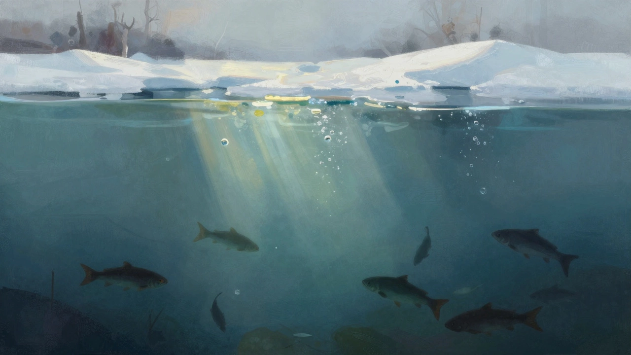 Подводная сцена с рыбой под тонким льдом весной при нехватке кислорода
