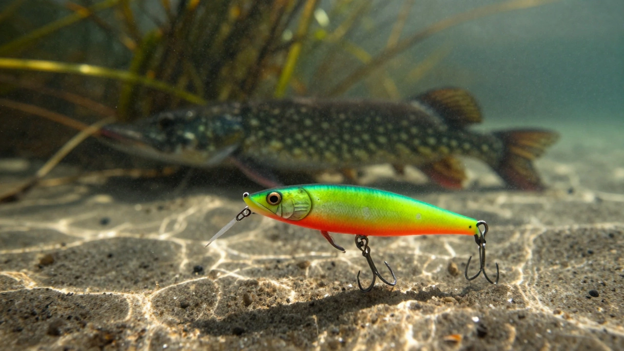 Подводный вид приманки и щуки среди донных водорослей