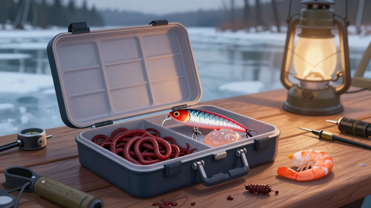 Разложенные наживки: червь, мотыль, опарыш и силиконовая приманка на фоне зимнего озера.