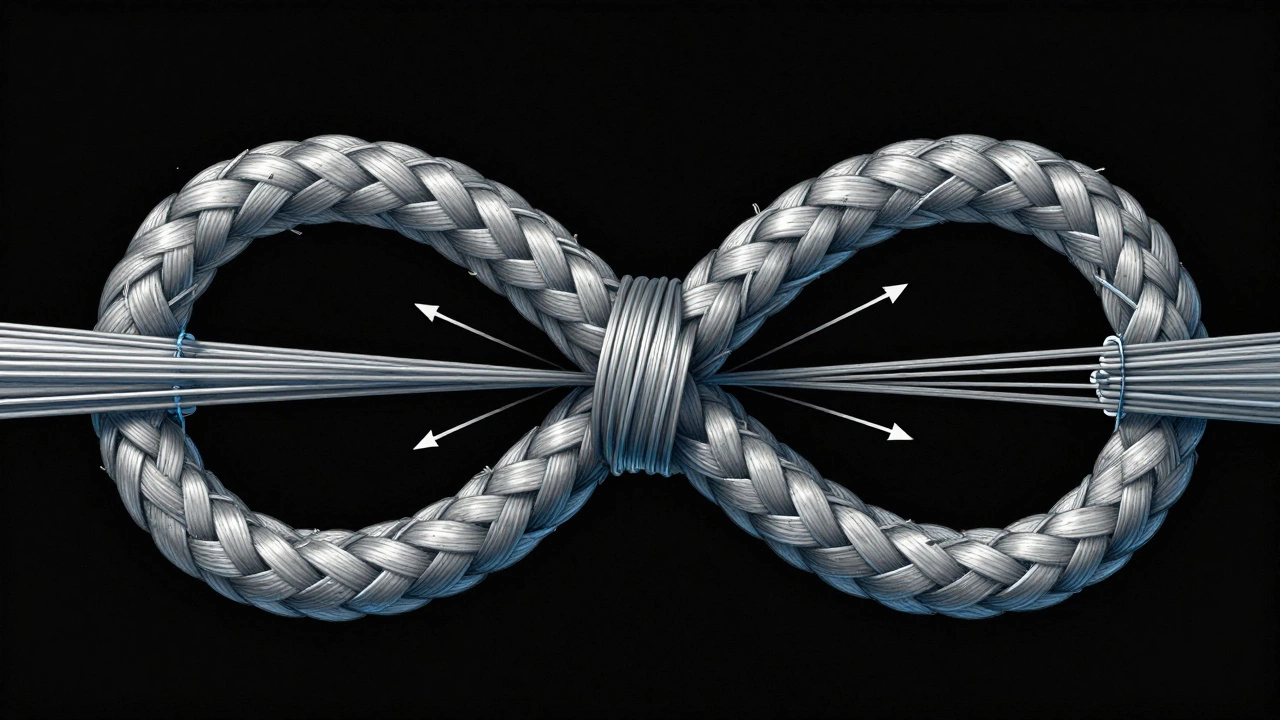 Разрез узла восьмерка, показывающий, как волокна лески запираются под нагрузкой.