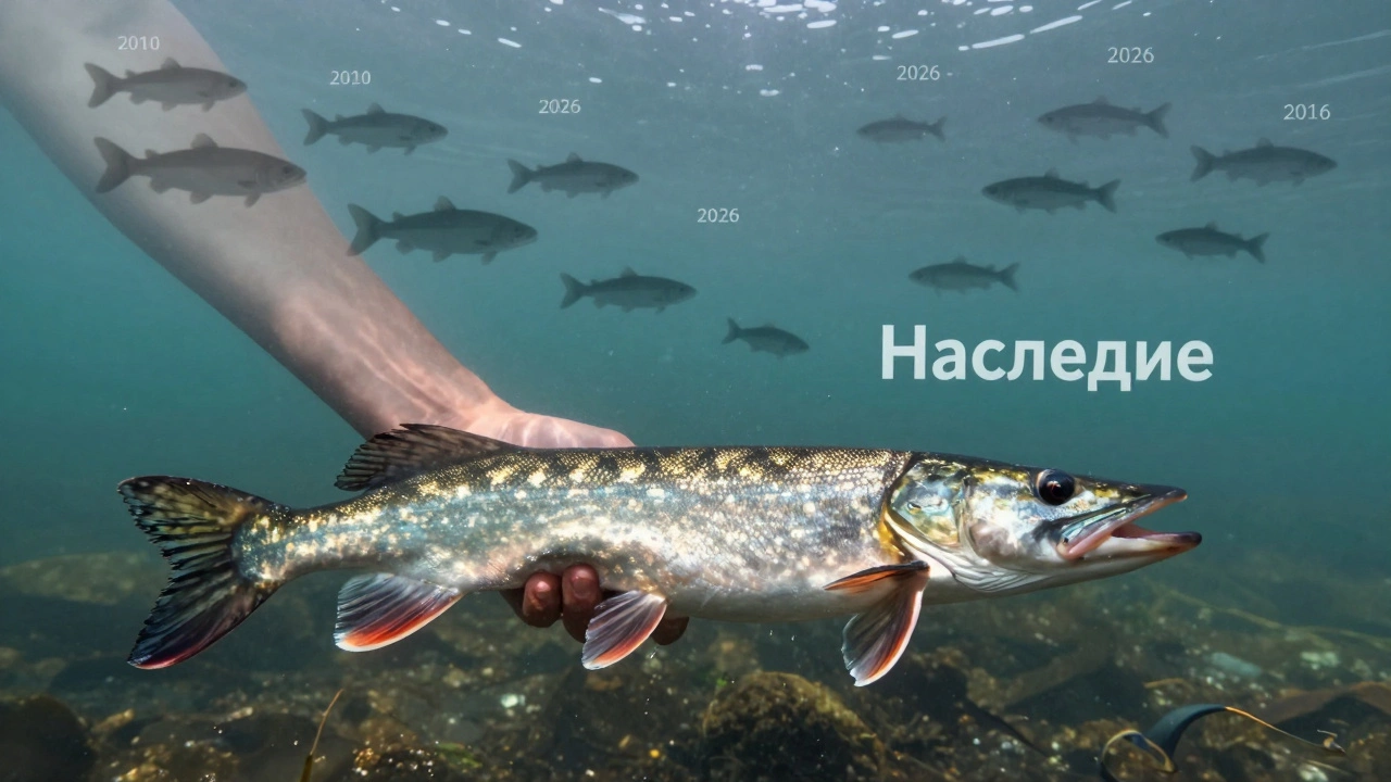 Рука отпускает щуку в реку, за ней — прозрачные силуэты исчезающих популяций рыб.