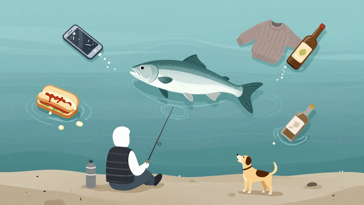 Рыба уплывает от хаоса на берегу, а рыбак сидит спокойно с минимумом снастей.