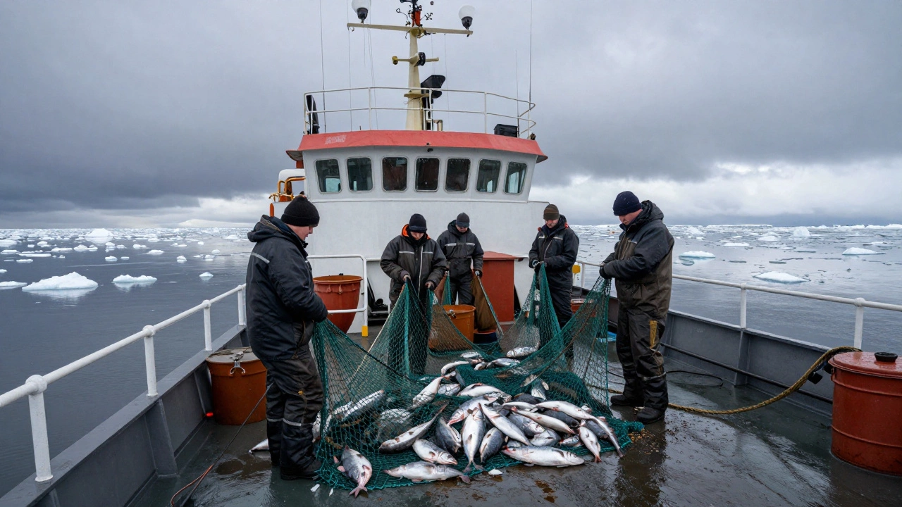 Рыбацкое судно с уловом трески в холодных водах