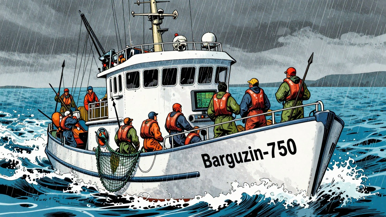 Рыболовный катер 'Баргузин-750' в бушующем море на Байкале, экипаж на носу с сетями, ветер и брызги.