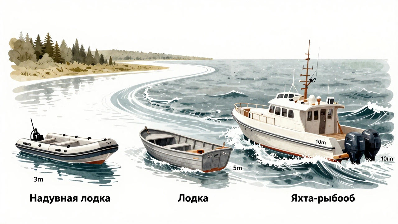 Сравнение трех типов судов: надувная лодка, лодка и большая яхта-рыболов, каждая в своей среде.