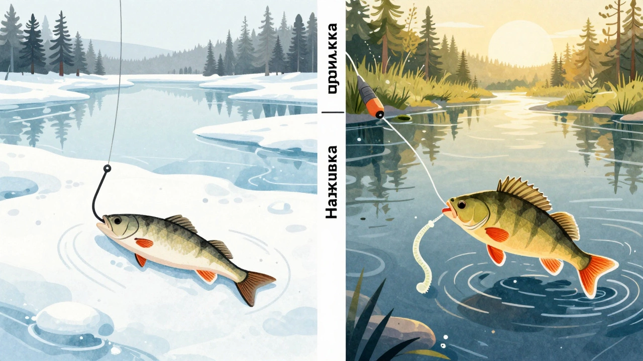 Сравнение зимней наживки и летней приманки в виде двух сцен на одной иллюстрации.