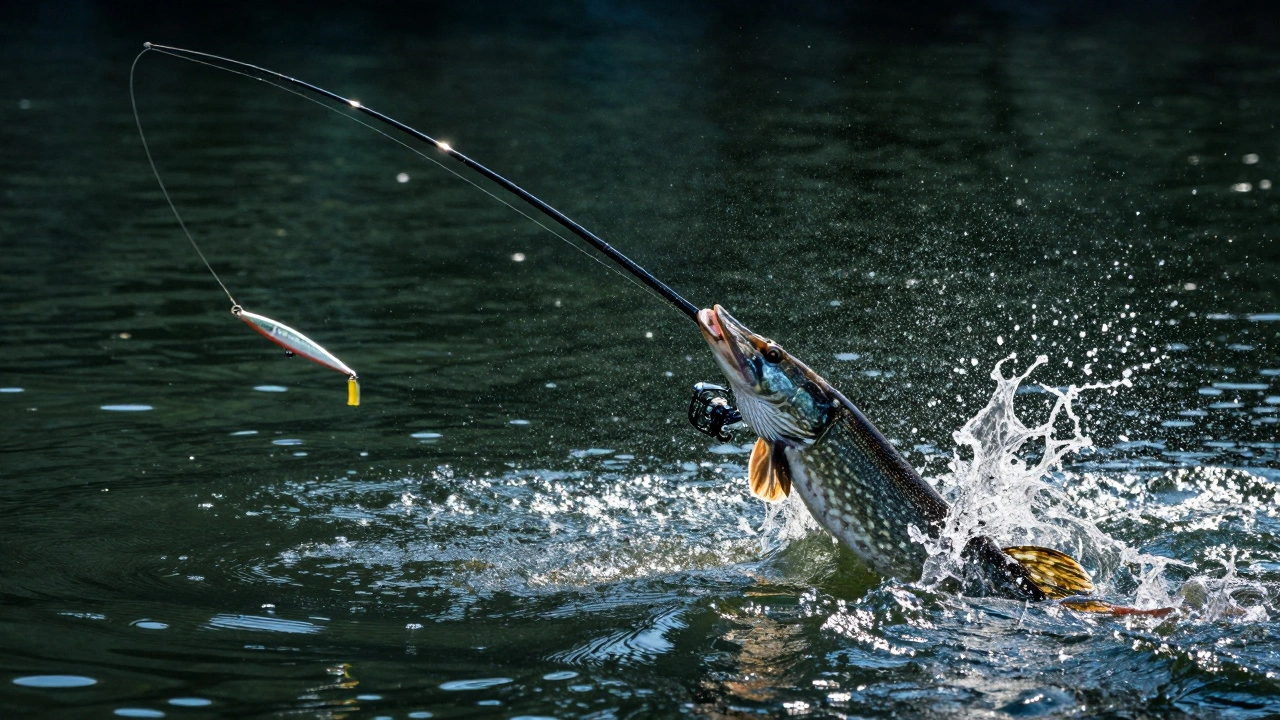 Щука бросается на блесну, всплеск воды при активной проводке в тёплой воде.